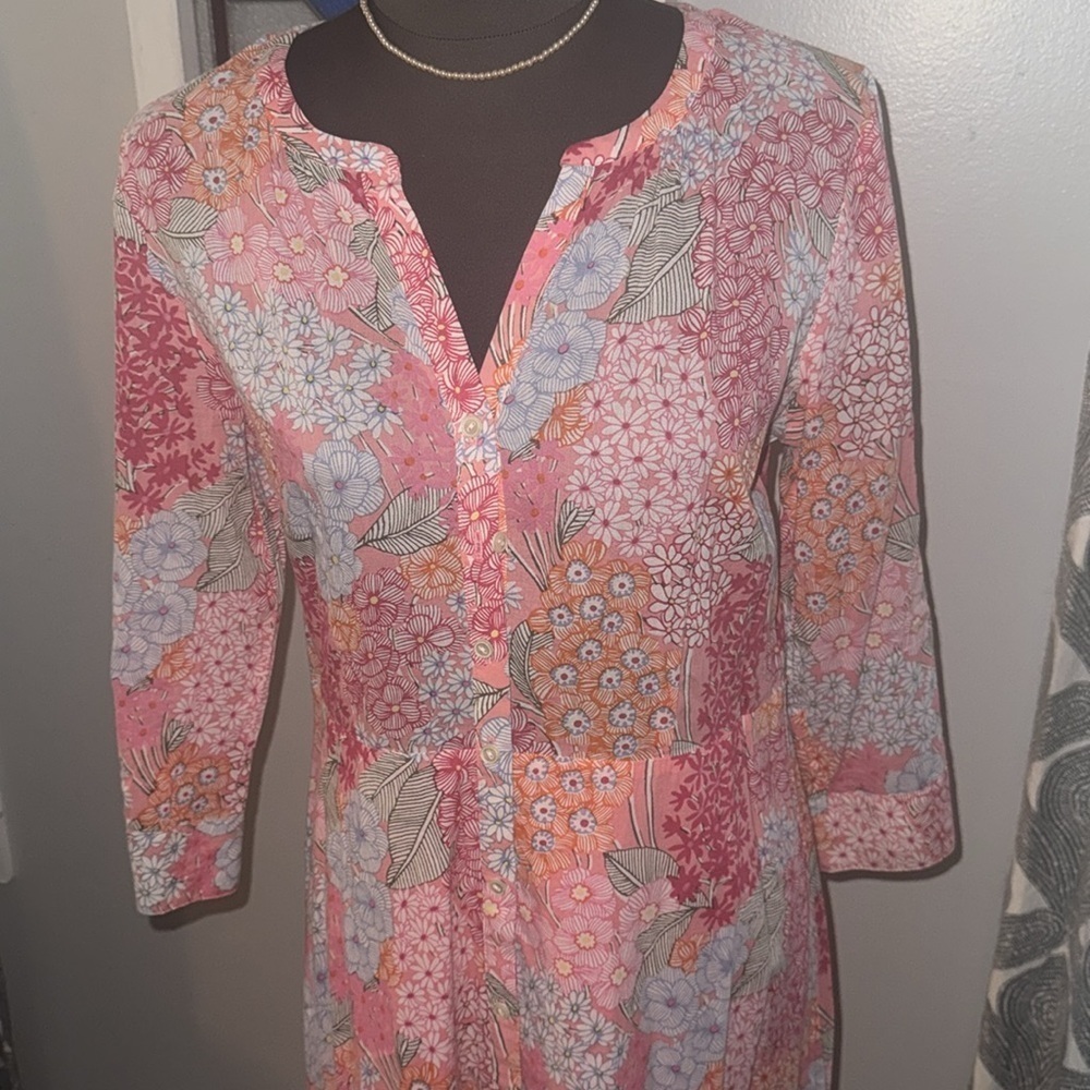 Talbots Pink Floral 100% Cotton Shirt Dress SZ 4 - Picture 3 of 9